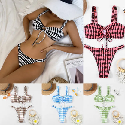 Luxury women's plaid solid colour bikini swimwear set featuring full coverage bra and low waist bikini panties, perfect for beach and poolside relaxation.