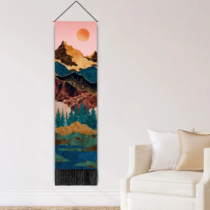 Close-up of a luxurious polyester cotton wall ornament featuring serene landscape imagery, perfect for enhancing contemporary or rustic interior spaces.