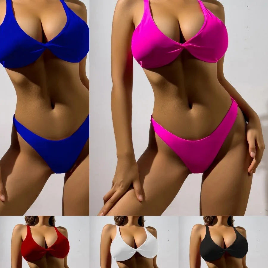 Luxury women's solid colour 2-piece bikini set featuring sexy low waist triangle cup for stylish beach and pool wear.