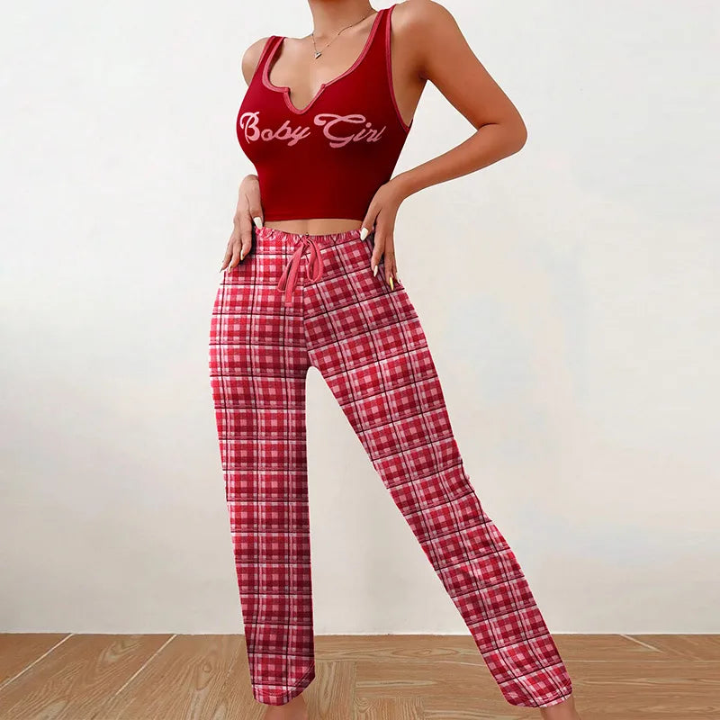 Trendy U neck top with letter design and soft plaid trousers, designed for young women seeking comfort and elegance in their casual attire.