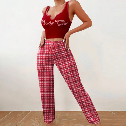 Trendy U neck top with letter design and soft plaid trousers, designed for young women seeking comfort and elegance in their casual attire.