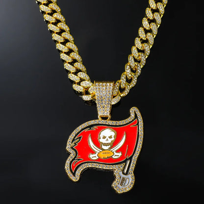 Luxury Hip Hop men's skull pendant necklace featuring a full rhinestone inlay on a Cuban link chain, showcasing intricate design and craftsmanship.
