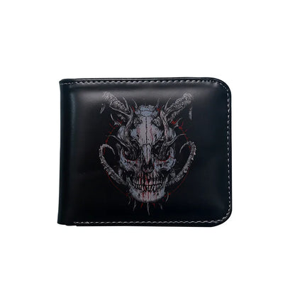 Elegant Men's Black Skull PVC Flip Cover Wallet, showcasing a striking punk design suitable for all occasions.