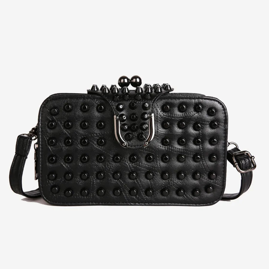 Luxurious square crossbody bag for women featuring trendy rivet embellishments, perfect for a fashionable single shoulder clutch style.