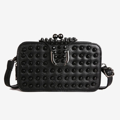 Luxurious square crossbody bag for women featuring trendy rivet embellishments, perfect for a fashionable single shoulder clutch style.