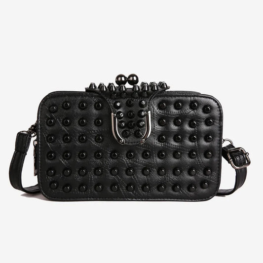 Luxurious square crossbody bag for women featuring trendy rivet embellishments, perfect for a fashionable single shoulder clutch style.