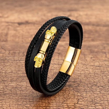Stylish men's skull bracelet crafted from high-quality leather and metal, embodying a trendy hip-hop punk design for contemporary streetwear.
