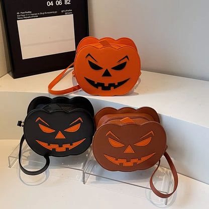 Luxurious Halloween pumpkin-shaped crossbody bag featuring a stylish round design crafted from high-quality PU, ideal for festive occasions.