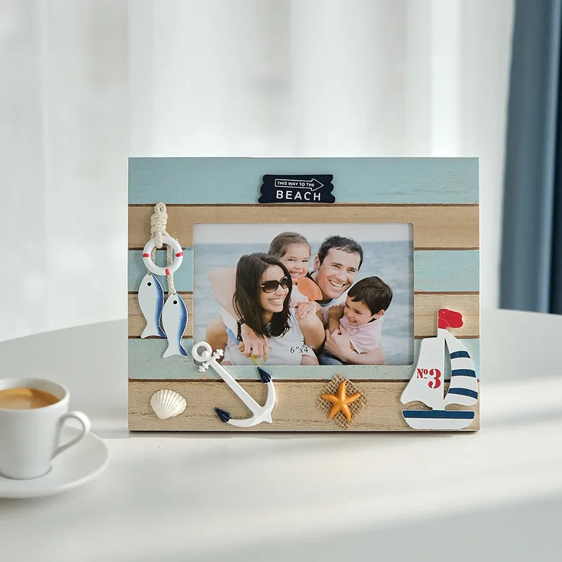 Close-up view of a 6-inch medieval style wooden photo frame showcasing intricate details and a Mediterranean ocean theme, perfect for capturing cherished memories.
