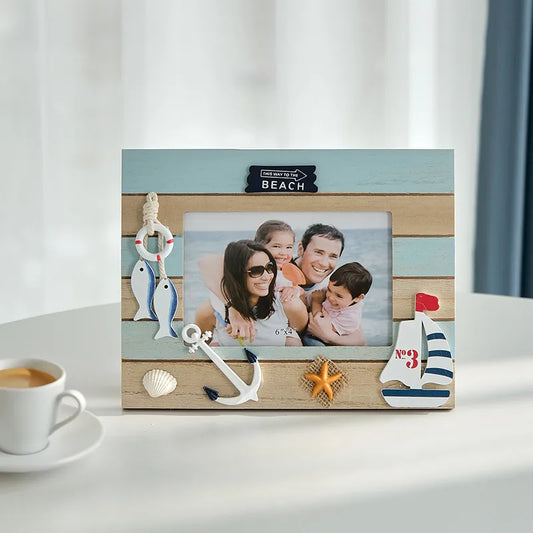 Close-up view of a 6-inch medieval style wooden photo frame showcasing intricate details and a Mediterranean ocean theme, perfect for capturing cherished memories.