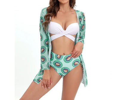 Luxury women's swimwear ensemble on a serene beach background, highlighting the chic U neck and sleeveless features of the bikini set.