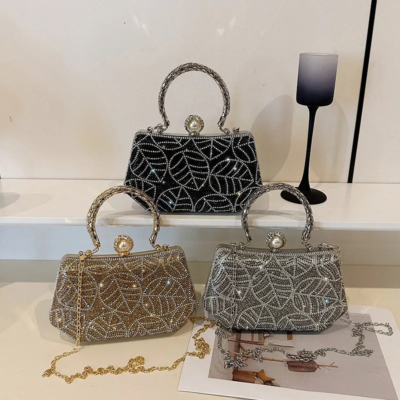 Stylish model holding a luxurious retro square box evening bag with diamond embellishments, perfect for evening events and formal occasions.