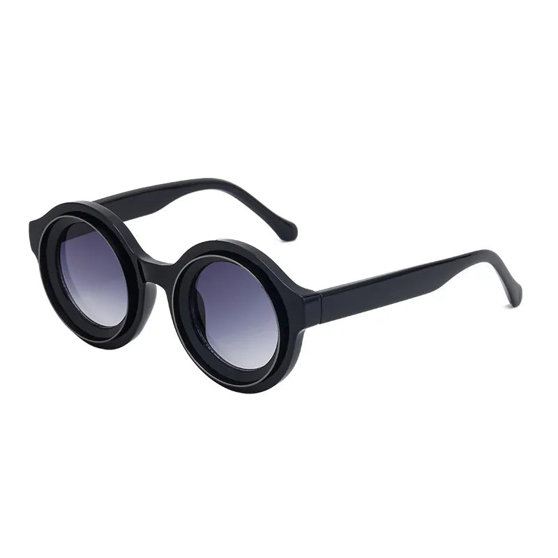 Stylish geometric pattern round frame sunglasses for women, designed for outdoor travel and urban fashion, showcasing a luxurious grey and black aesthetic.