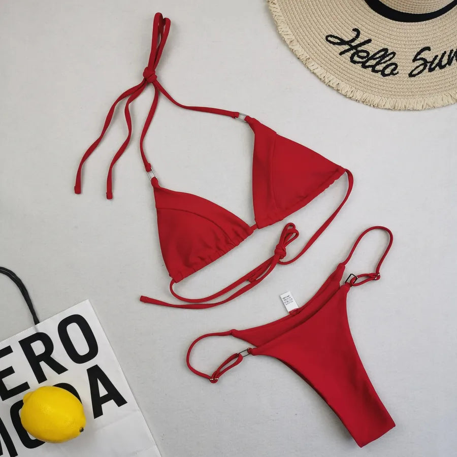 Elegant solid colour bikini swimwear showcasing a fashionable silhouette, perfect for stylish beach outings.