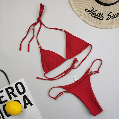 Elegant solid colour bikini swimwear showcasing a fashionable silhouette, perfect for stylish beach outings.
