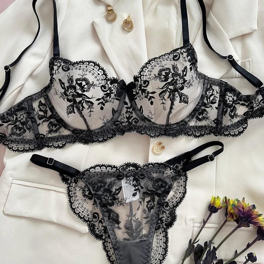 Luxury Women's Floral Sheer Lingerie Set - Low Waist Bra and Panties, Perfect for Honeymoon