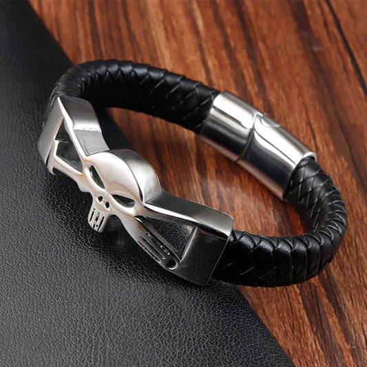 Luxury vintage style geometric skull bracelet crafted from premium PU leather and titanium steel, featuring an intricate woven chain design for men.