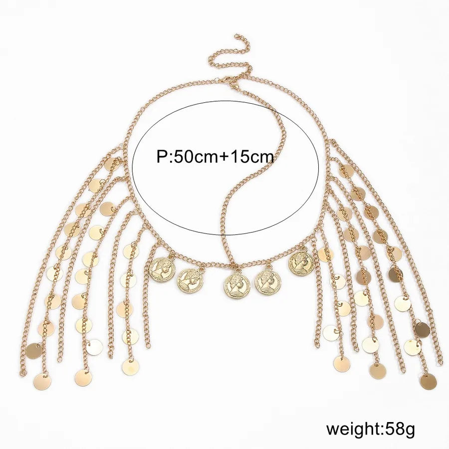 Close-up of the Elegant Gold CCB Geometric Pattern Sequin Tassel Head Chain, highlighting its high-quality alloy construction and luxurious tassel details.