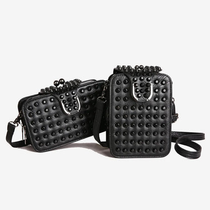 Elegant PU material square bag with single shoulder strap, adorned with chic rivets, designed for style and sophistication.