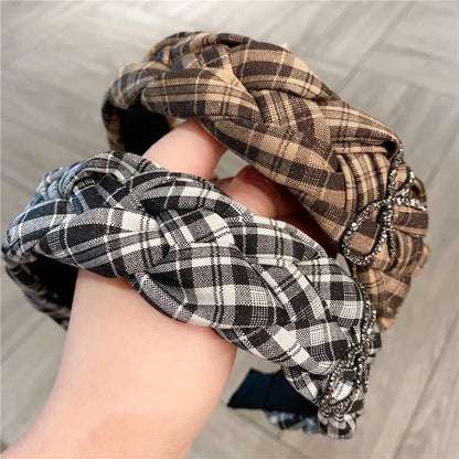 Comfortable Women's Hairband Twist Braid Design Vintage Style Black White Checkered With Water Diamond Butterfly Knot Top Accessory