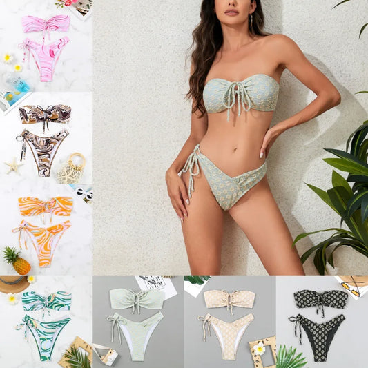 Elegant Women's Ditsy Floral 2 Piece Bikini Set showcasing a full coverage bra and low waist bottoms, perfect for beach and poolside luxury.