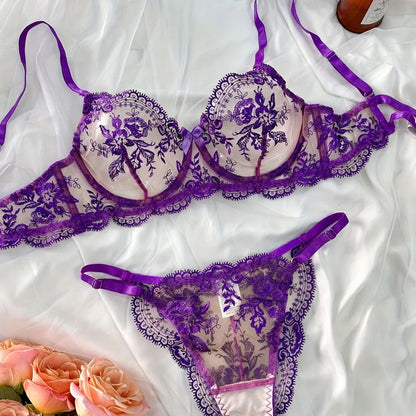 Full view of women's luxury floral sheer lingerie set, emphasizing the elegant and sexy style suitable for honeymoons and intimate evenings.