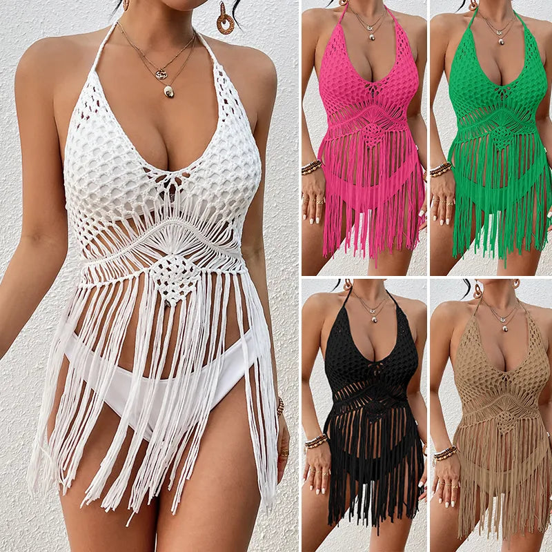 Luxurious women's long sleeve mesh cover-up featuring a halter neck design and elegant tassel details, perfect for summer beachwear.