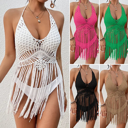 Luxurious women's long sleeve mesh cover-up featuring a halter neck design and elegant tassel details, perfect for summer beachwear.