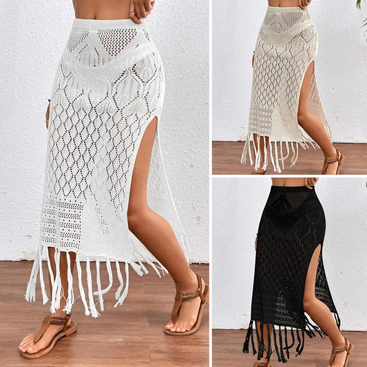 Elegant women's argyle midi dress cover-up with artistic tassel accents and a sexy sleeveless high waist design, perfect for beach outings.