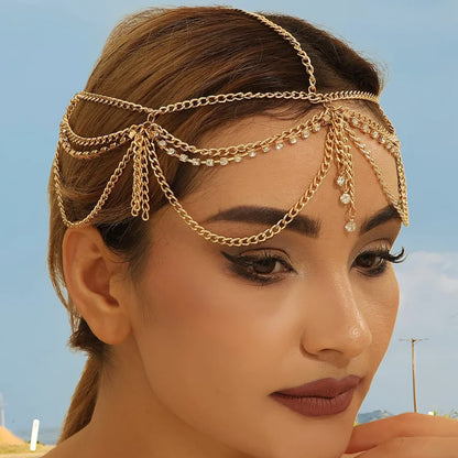 Bohemian Multi-Layer Tassel Hair Chain Metal Aluminum Diamond Pendant Hairband Vintage Headwear Fashionable Women's Accessories