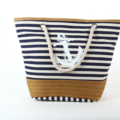 Luxury large women's canvas stripe beach underarm bag featuring an open closure and elegant double shoulder straps, perfect for a stylish day out at the beach.