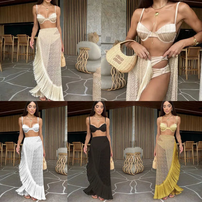 Elegant women's sexy solid colour 3-piece bikini swimwear set featuring a stylish skirt and sleeveless design, perfect for luxurious beach days.