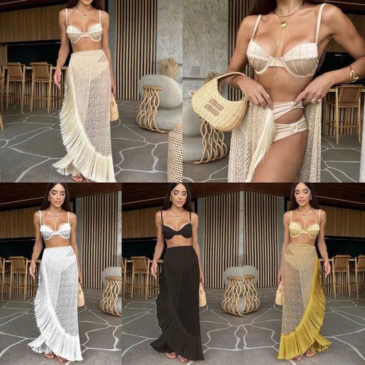 Elegant women's sexy solid colour 3-piece bikini swimwear set featuring a stylish skirt and sleeveless design, perfect for luxurious beach days.