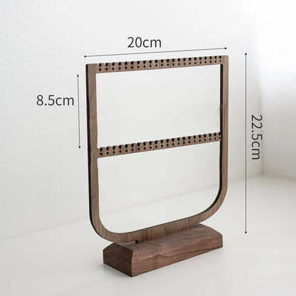 Stylish walnut jewelry stand designed for earrings and necklaces, featuring patchwork craftsmanship and advanced sense of sophistication.