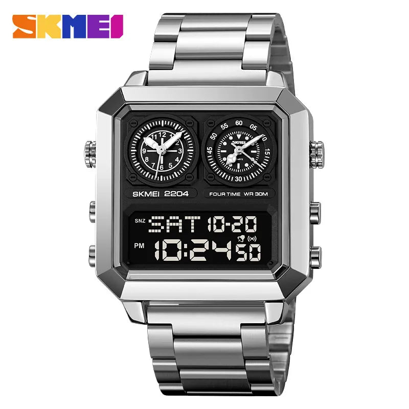 Men's vintage square electronic watch featuring a luxurious stainless steel strap, designed for classic business style.