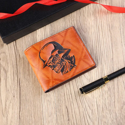 Close-up of Men's Retro Skull PU Leather Wallet, featuring a sophisticated flip cover and premium PU leather material, ideal for discerning tastes.