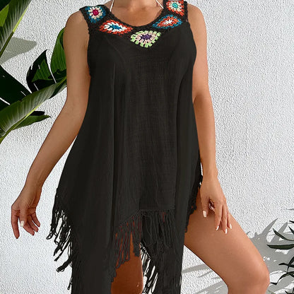 Luxurious Women's Geometric Sexy Cover Up with Sleeveless V-Neck Design, Long Length and Elegant Tassels, Perfect Summer Sunscreen Shirt