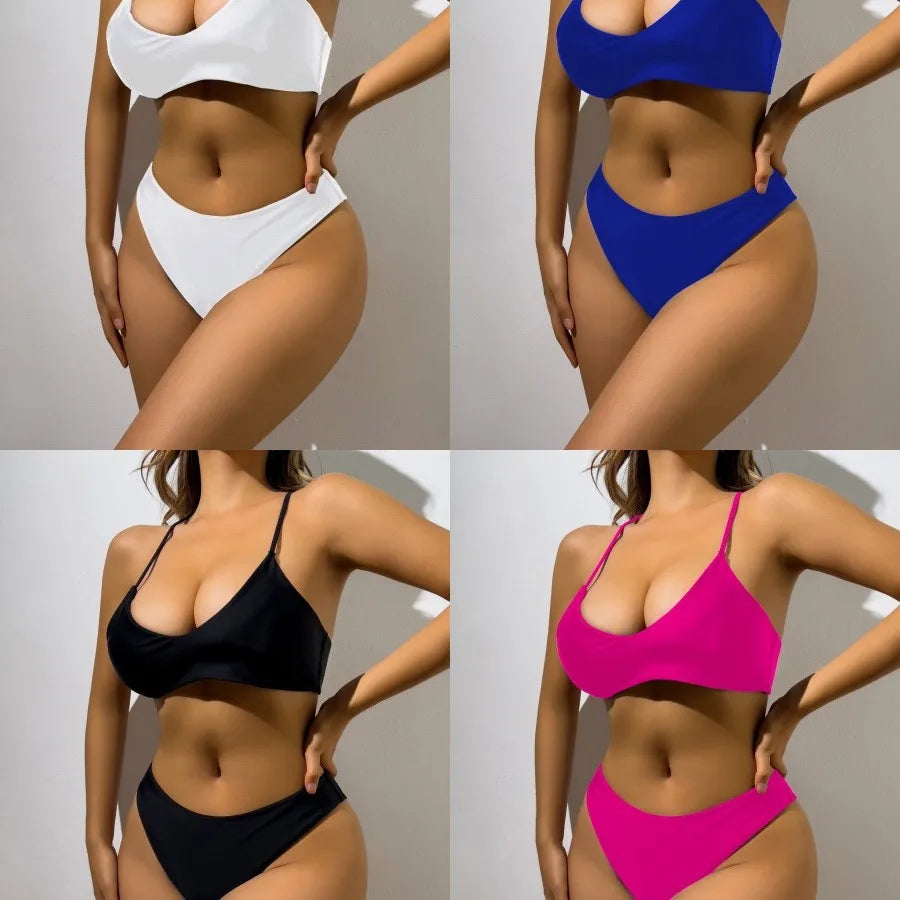 Elegant women's solid colour bikini set featuring a chic triangle cup design, perfect for luxurious coastal escapes.