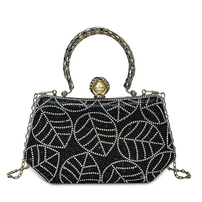 Close-up of diamond embellishments on a luxurious square evening bag, highlighting exquisite craftsmanship and style.