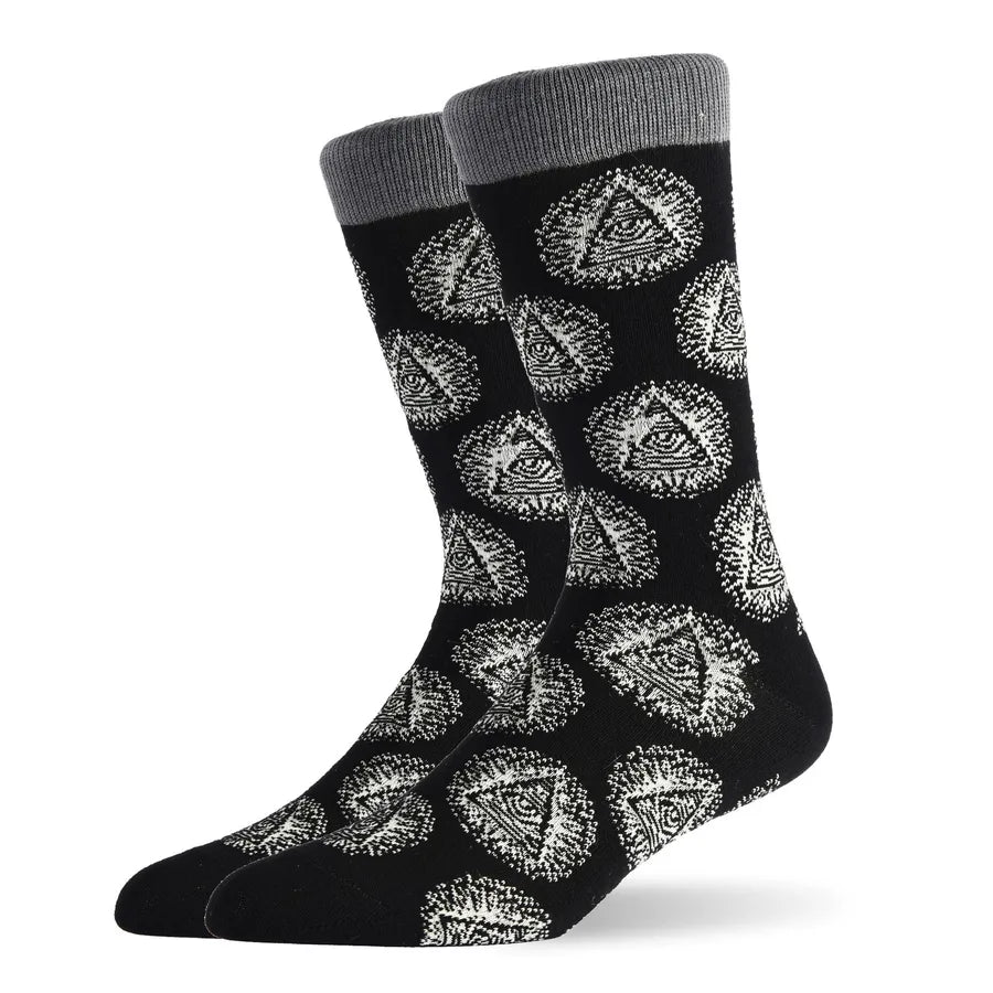 Premium breathable nylon cotton men's socks with an artistic jacquard pattern of cars and mushrooms, designed for style and warmth.