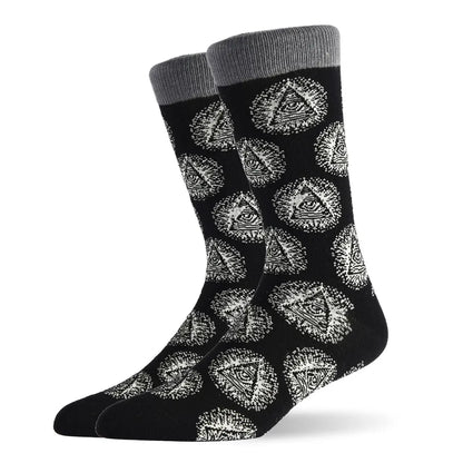 Premium breathable nylon cotton men's socks with an artistic jacquard pattern of cars and mushrooms, designed for style and warmth.