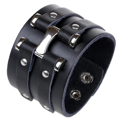 Elegant personalized vintage black leather punk bracelet for unisex, featuring a distinctive geometric design, perfect for sophisticated fashion statements.