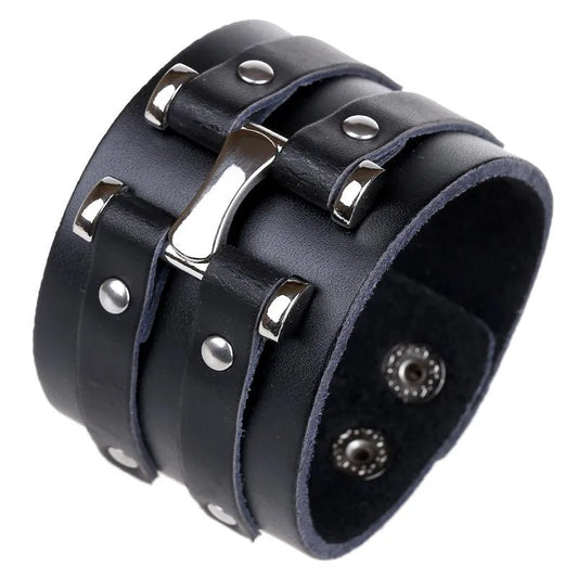 Elegant personalized vintage black leather punk bracelet for unisex, featuring a distinctive geometric design, perfect for sophisticated fashion statements.