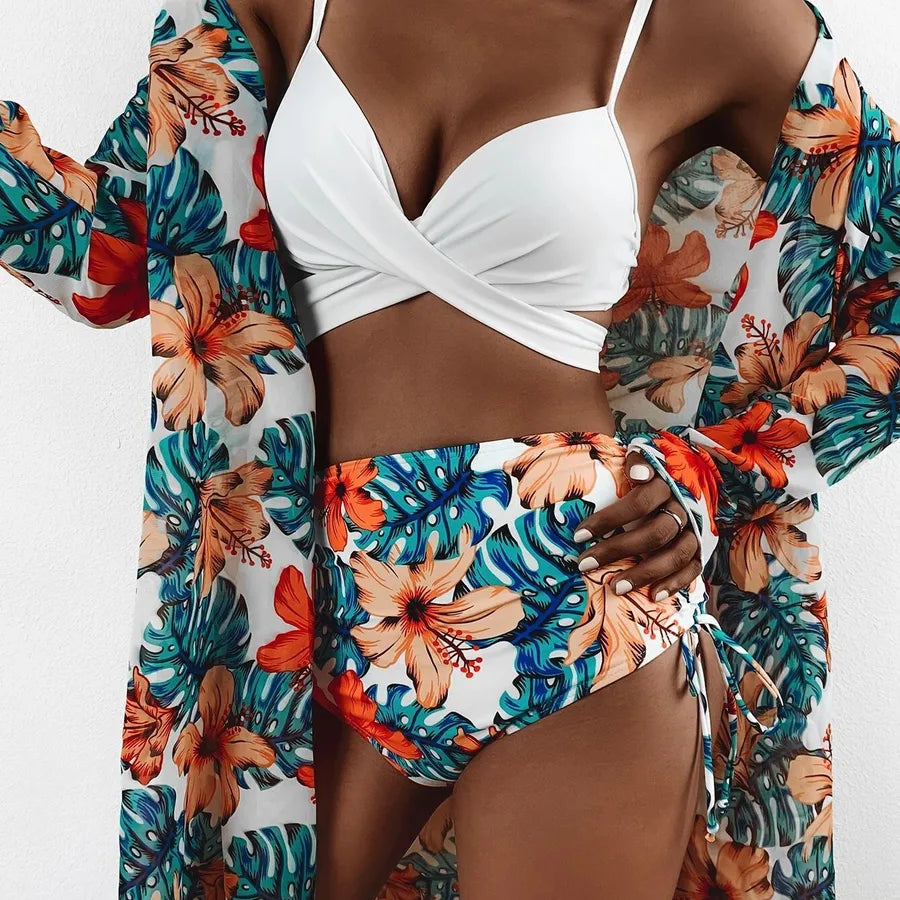 Stylish arrangement of luxury women's bikini set, displaying the shorts and top in a sophisticated lifestyle context.