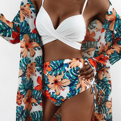 Stylish arrangement of luxury women's bikini set, displaying the shorts and top in a sophisticated lifestyle context.