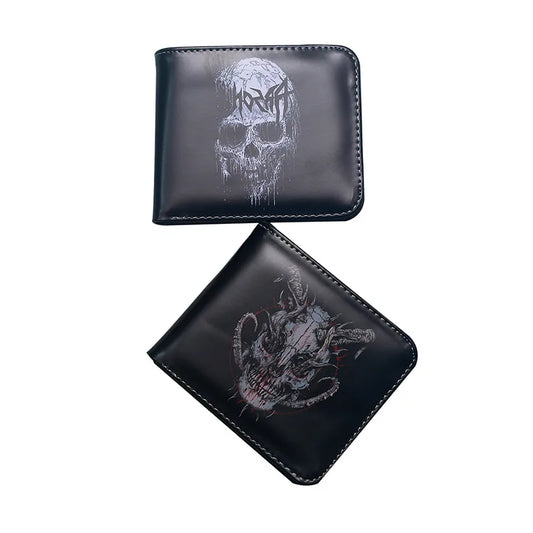 Luxurious men's black skull PVC flip cover wallet showcasing stylish punk design, perfect for daily use and special occasions like Halloween.