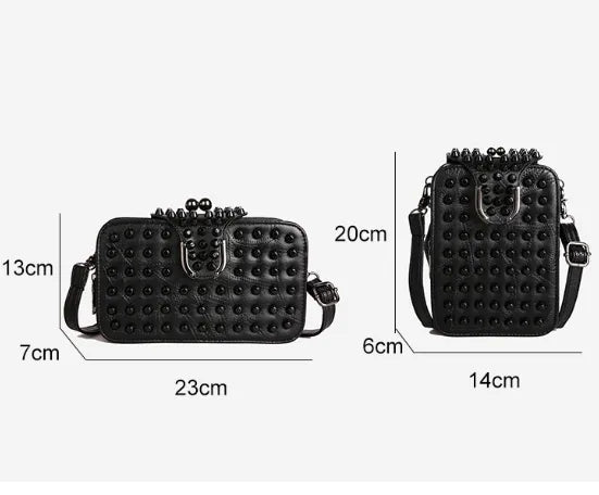 Sleek square-shaped women's handbag with rivet embellishments, ideal for a fashionable night out.