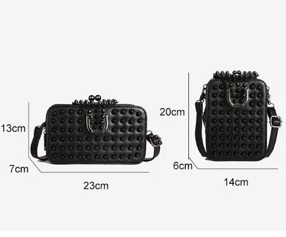 Sleek square-shaped women's handbag with rivet embellishments, ideal for a fashionable night out.