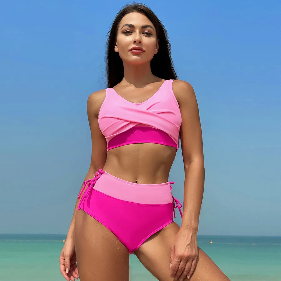 Luxury women's multicolor 2-piece bikini set featuring a sexy bralette, perfect for the swimming pool, showcasing vibrant patterns and elegant style.