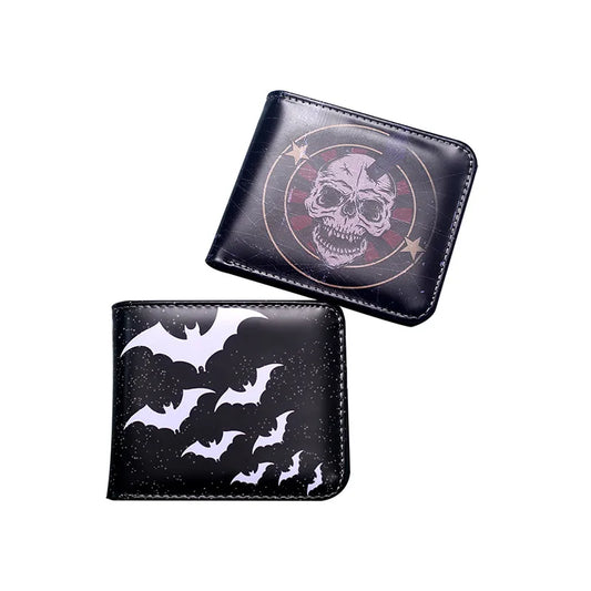 Men's Retro Bat Skull Open Wallet in PVC – Stylish and unique design for daily use, featuring a haunting bat and skull pattern, perfect for Halloween.
